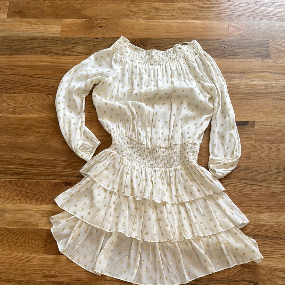 Off White and Gold Off-Shoulder Dress
